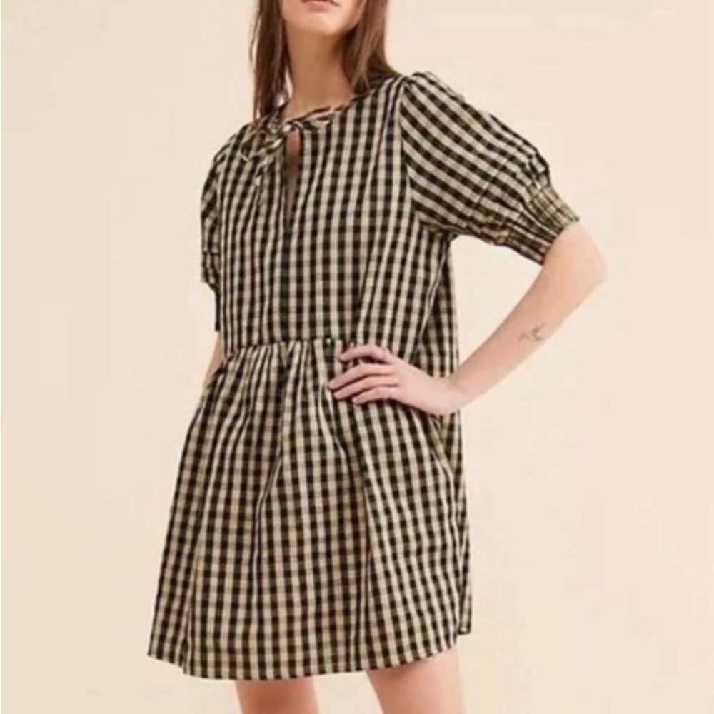 Free People Afternoon Gingham Black and Cream Mini Dress Size XS